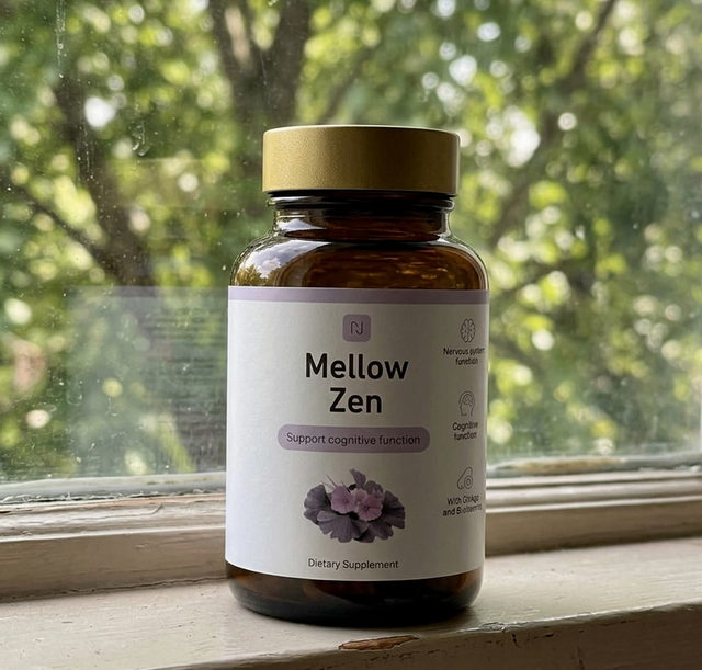 Mellow Zen opinie — opakowanie suplementu na parapecie wieczorem